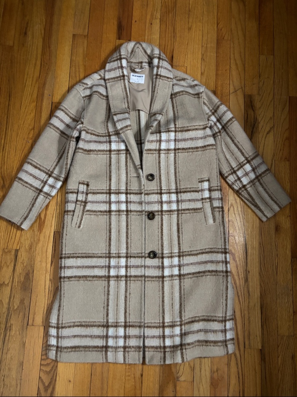 Old Navy Beige Plaid Shawl-Collar Pea Coat
